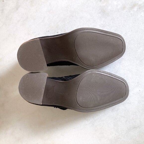 NWOT! New Lucky Brand Pellyon black suede ankle boot, brown chunky stacked heel - Picture 9 of 9